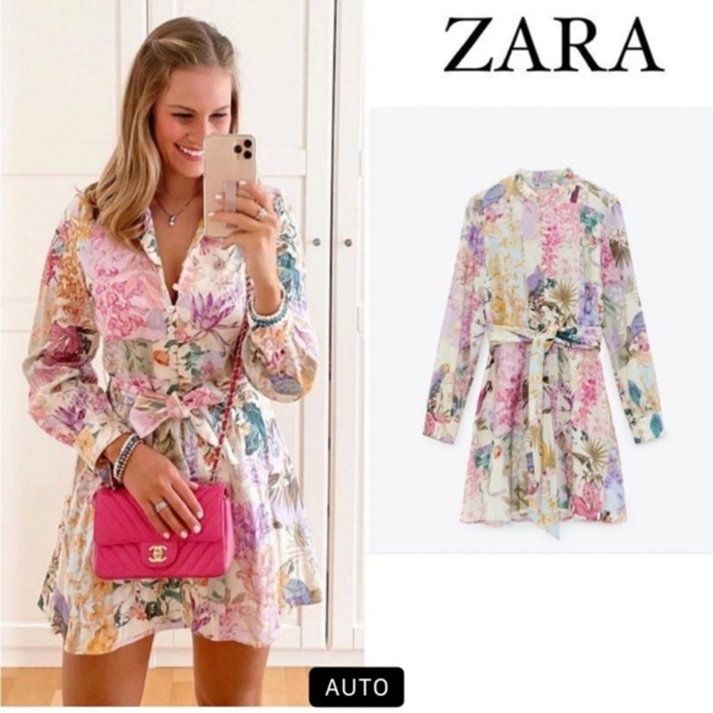 Zara blogger fav parrot floral Pink and Cream Mini Dress linen Romantic rare